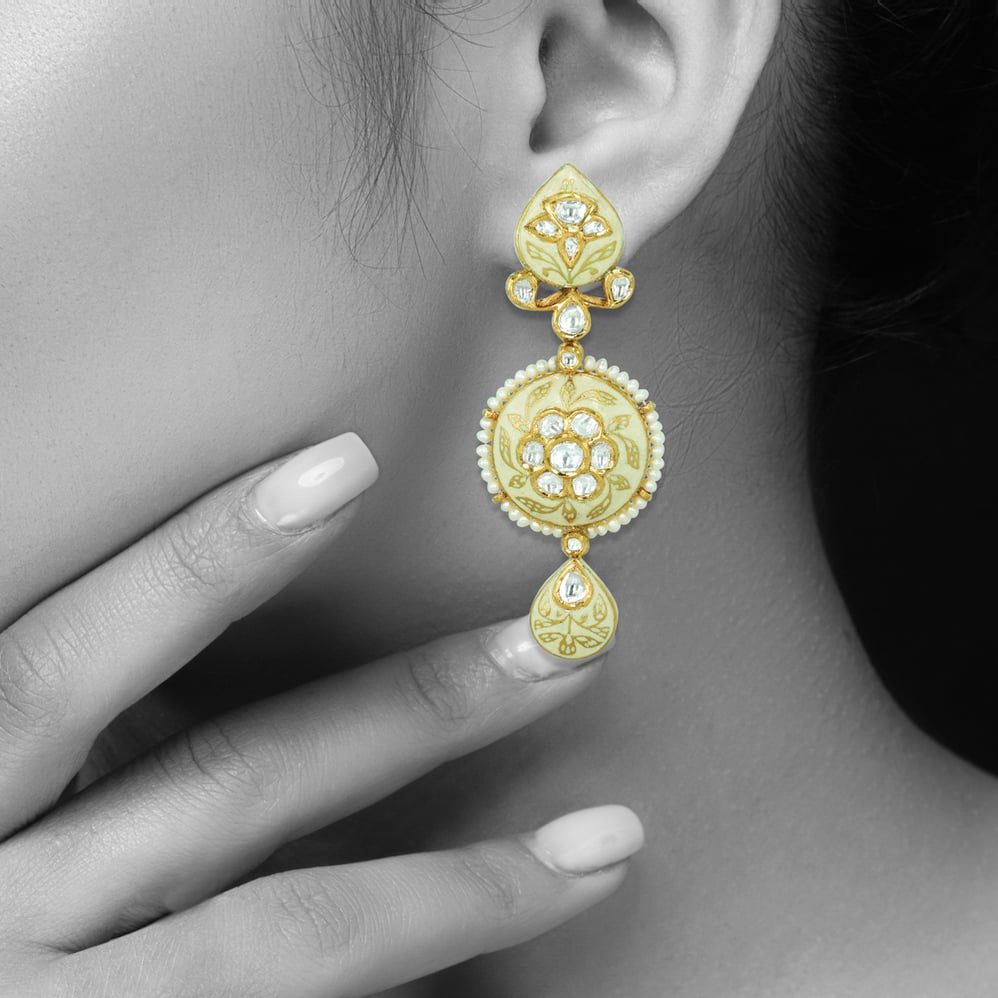 Ivory-Mint Enamel Earrings with Polkis and Pearls